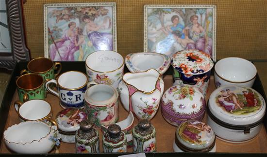 Pair figural plaques various miniature cups, pots and boxes